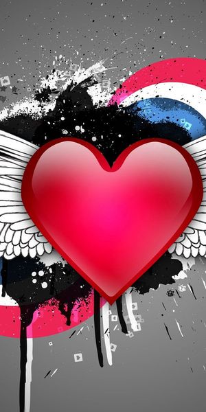 Vibrant 4K phone wallpaper featuring a heart with wings and multicolored splashes