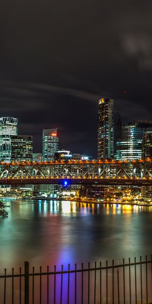 Phone wallpaper: Cities, Night, Skyscraper, Building, Light, Bridge, Australia, Brisbane, Man Made,