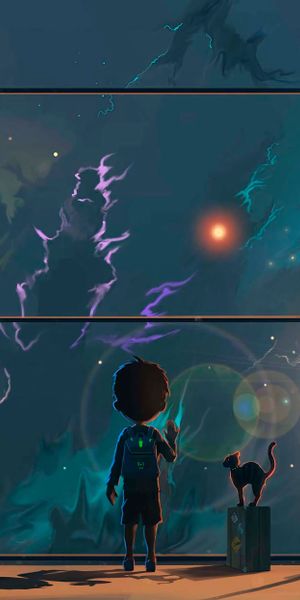 Captivating 4K Phone Wallpaper: Child and Cat Admiring a Cosmic Sky