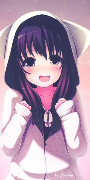 Adorable Anime Girl in Hoodie with Blush and Cheerful Smile