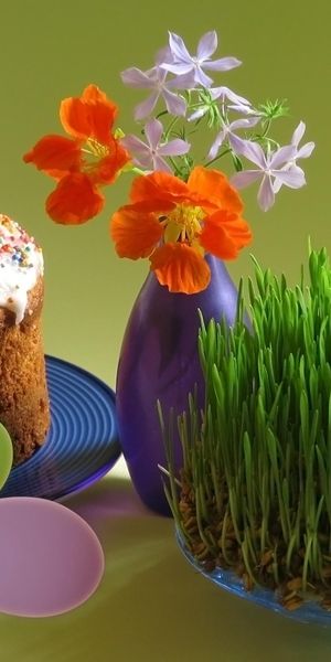 Phone wallpaper: Flowers, Kulich, Sprouts, Eggs, Plate, Holiday, Vase, Holidays, Easter, Cake free d