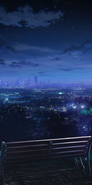 Anime Night Cityscape with Bench and Street Lights