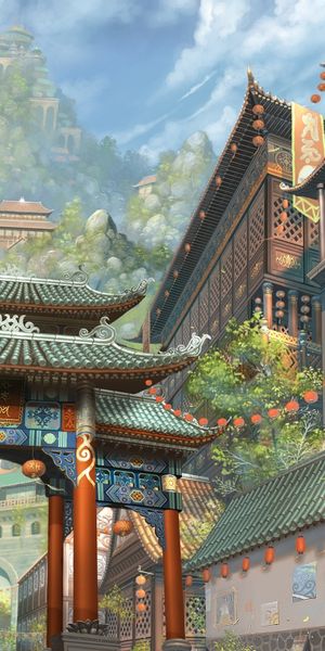 Aesthetic Anime Cityscape with Lanterns and Mountains