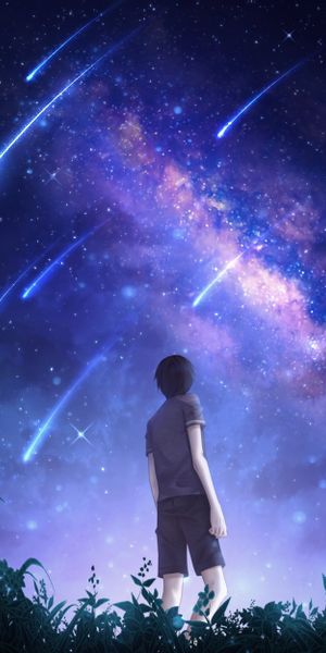 Silhouette of a Boy Watching Starfall Under a Starry Sky