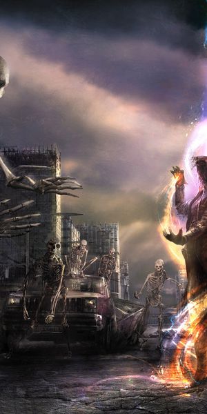 Phone wallpaper: Sorcerer, Wizard, Magic, Undead, Skeleton, Fantasy, City, Dark free download