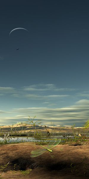 Prehistoric Landscape Featuring Pterodactyl and Artistic Flora
