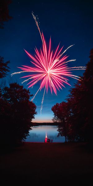 Spectacular Fireworks Over a Tranquil Lake at Night