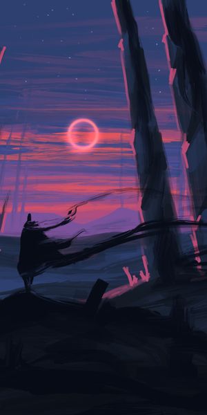 Silhouette of Trees Against a Colorful Sunset and Moon