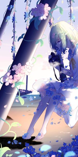 Sad Anime Girl on a Swing Surrounded by Flowers