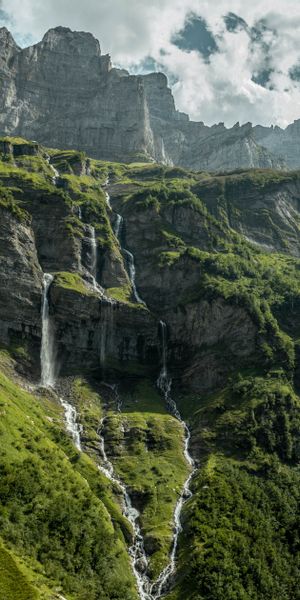 Breathtaking Waterfall on Rocky Slopes Amidst Lush Nature