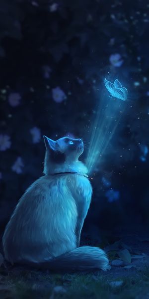 Magical Cat Gazing at a Glow-in-the-Dark Butterfly