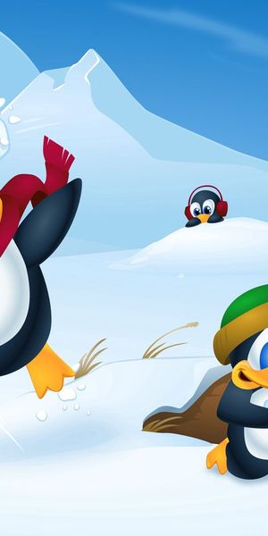 Delightful mobile wallpaper featuring joyful penguins in a snowy landscape