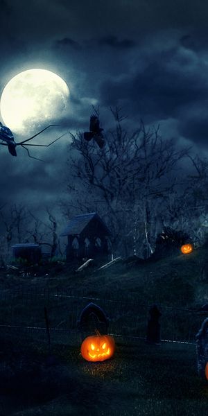 Phone wallpaper: Halloween, Night, Holiday, House, Street, Jack O' Lantern free download