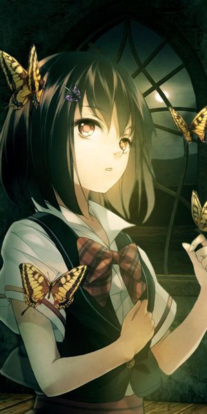 Phone wallpaper: Anime, Butterfly, Girl, Black Hair free download