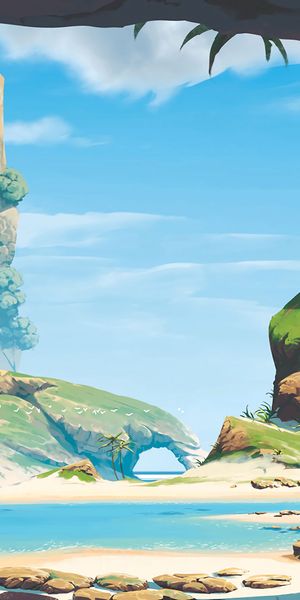 Tropical Beach and Mountain Scene Featuring Playful Monkeys