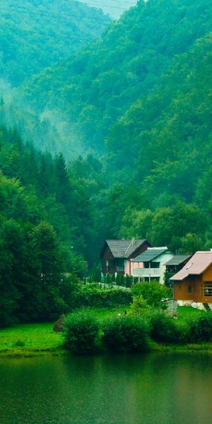 Breathtaking Green Landscape with Cozy Houses by the Lake