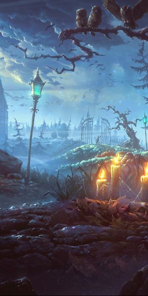 Spooky Halloween Scene with Jack O' Lanterns in a Mysterious Village