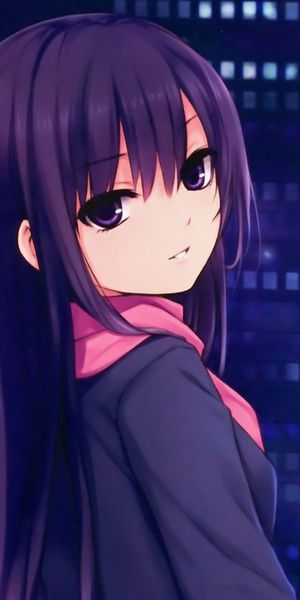 Anime Girl with Purple Eyes and Hair Against a Night City Background