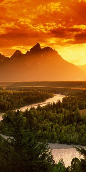 Serene Earth Sunset Wallpaper: Majestic Mountains and River View