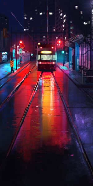 Aesthetic Night Train on Railway with Vibrant Colors