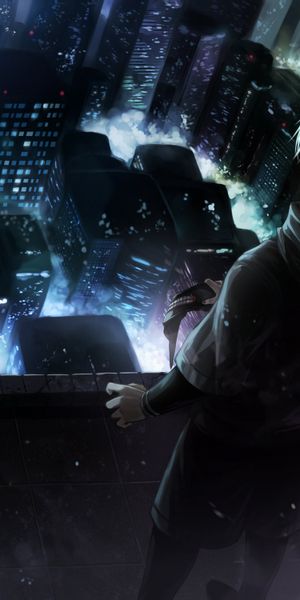 Ken Kaneki on a Rooftop Overlooking a Night Cityscape