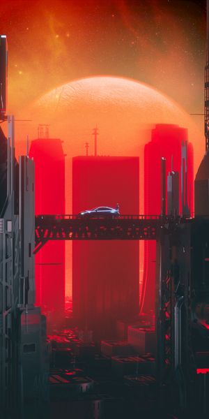 Cool Cyberpunk City with a Car on a Bridge Against a Red Sunset