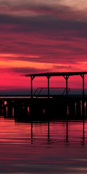 Phone wallpaper: Pier, Scenic, Man Made, Lake, Cloud, Sky, Sunset free download