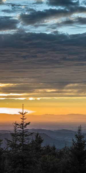 Phone wallpaper: Mountains, Clouds, Trees, Horizon, Sky, Sunset, Nature free download