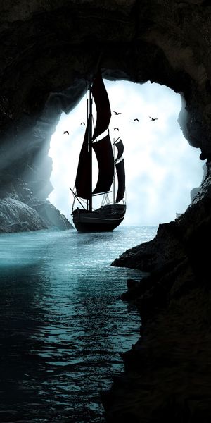 Breathtaking Dark Cave Scene with a Majestic Boat