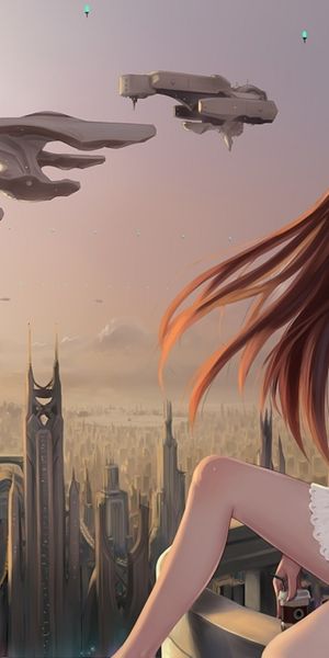 Anime Girl Overlooking a Futuristic City at Sunset