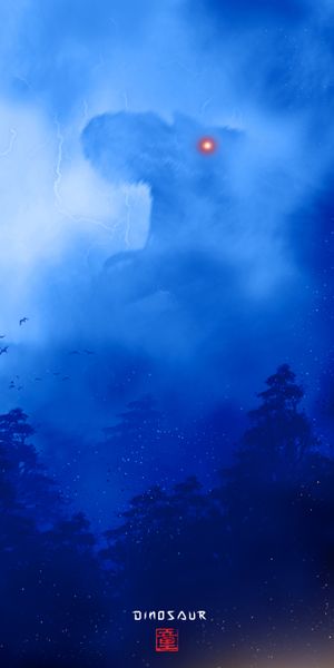 Phone wallpaper: Fog, Silhouette, Dinosaur, Art, Lightning, Monster free download