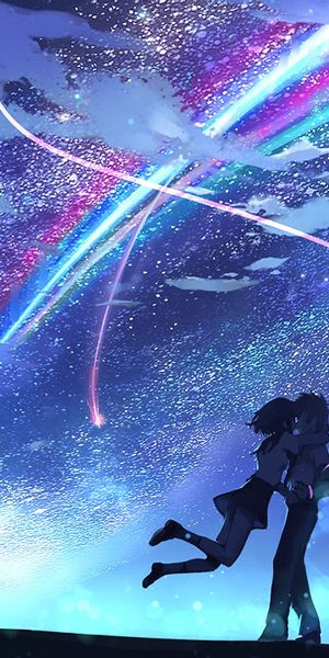 High-Quality Kimi no Na wa Wallpaper of Mitsuha and Taki Embracing Under Stars
