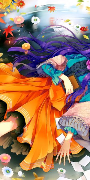 Phone wallpaper: Anime, Flower, Leaf, Girl, Pond, Skirt, Tears, Red Eyes, Long Hair, Purple Hair, Ly