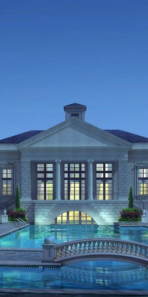Elegant Blue Landscape Featuring Luxurious Houses and a Pool