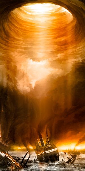 Apocalyptic Vortex Scene with Ships and Fiery Skies