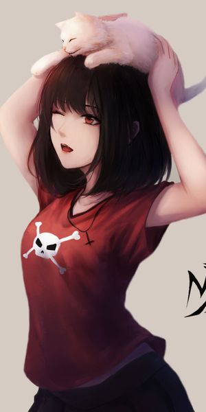 Stylish Anime Girl with Cat for Your Mobile Wallpaper