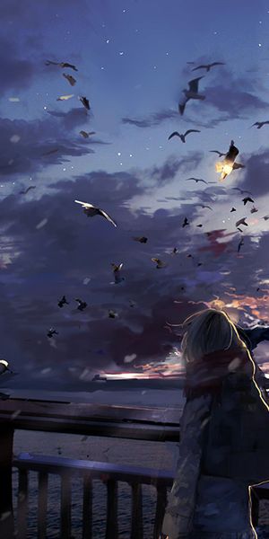 Phone wallpaper: Anime, Sunset, Sky, Bird, Cloud, Original free download