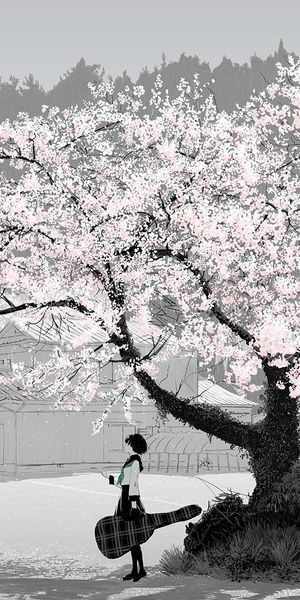 Sakura Blossom Girl with Guitar in Anime Style
