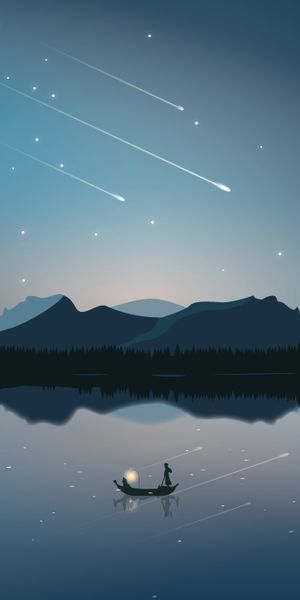 Starfall Vector Art: A Serene Boat Scene Surrounded by Mountains