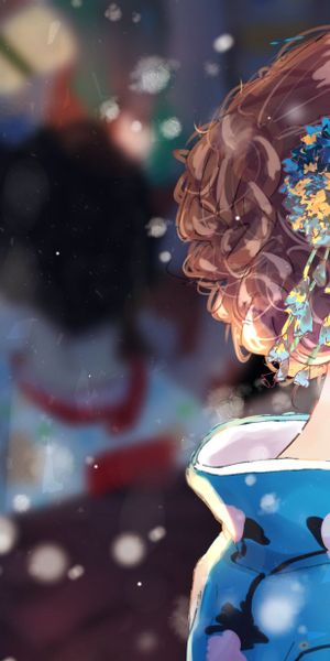 Cute Anime Girl in Kimono with Blue Eyes Surrounded by Snowfall