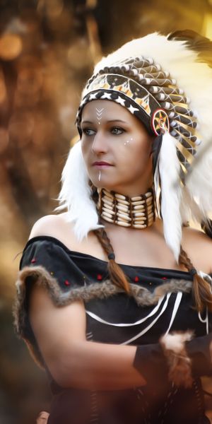 Phone wallpaper: Feather, Blur, Portrait, Mood, Women, Costume, Headdress, Spear, Cosplay, Native Am