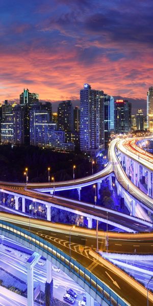 Phone wallpaper: Shanghai, China, Cities, Man Made, Road, Night, Sunset free download