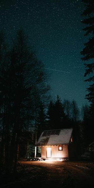 Cozy Cabin Illuminated by a Starry Night Sky