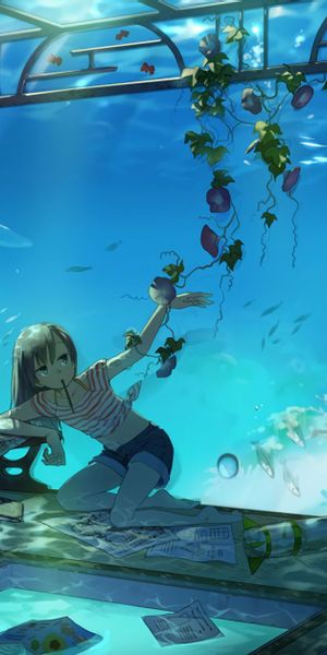 Phone wallpaper: Anime, Water, Coral, Plant, Ocean, Girl, Fish, Underwater, Shark free download