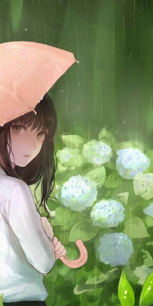 Anime Girl with Umbrella in a Rainy Garden