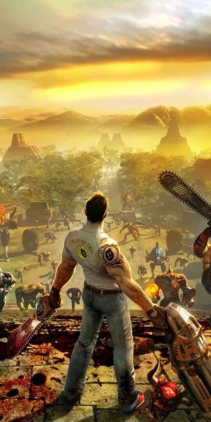 Epic Serious Sam Wallpaper Featuring Vibrant Yellow and Action Scenes