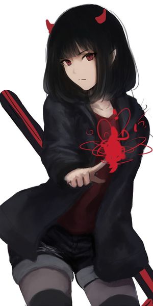 Phone wallpaper: Anime, Girl, Horns, Shorts, Red Eyes, Black Hair, Short Hair free download