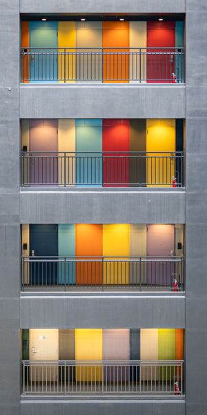 Bright and Colorful Facade with Multicolored Doors