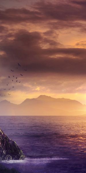 Phone wallpaper: Landscape, Fantasy, Sunset, Sea, Monk, Meditation free download