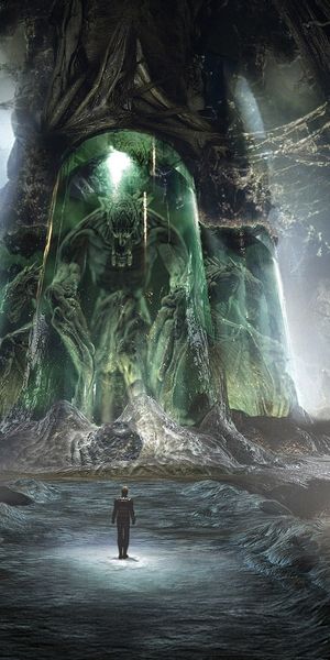 Explore a Dark Green Cave with a Mysterious Monster - 4K Phone Wallpaper